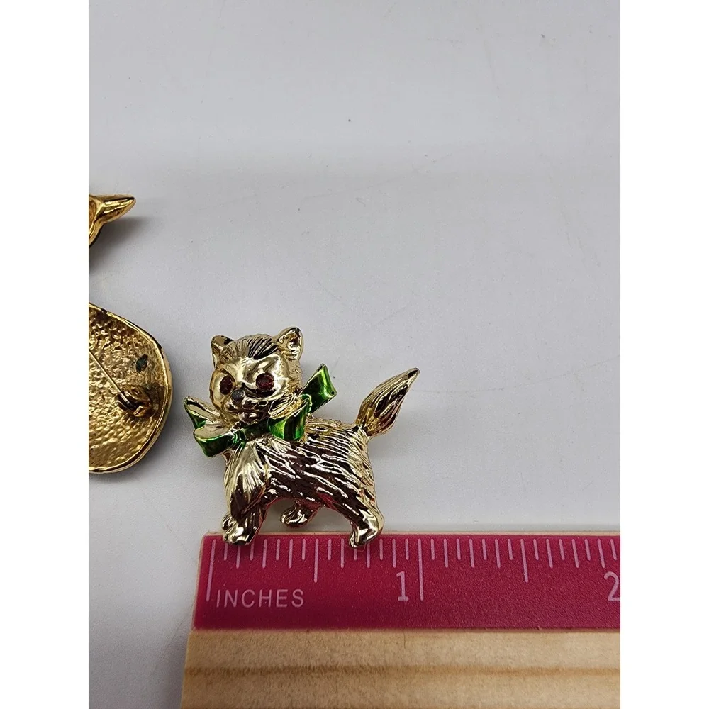 Vintage Style Cat Brooch Set Black Enamel Rhinestone Gold Tone Kitten Pins 2pc